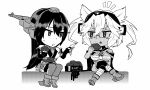  /\/\/\ 2girls black_hair bridal_gauntlets chibi commentary_request crossed_legs eating fingerless_gloves glasses gloves headgear high_heels ikeshita_moyuko kantai_collection long_hair monochrome multiple_girls musashi_(kantai_collection) nagato_(kantai_collection) pointing sarashi two_side_up 