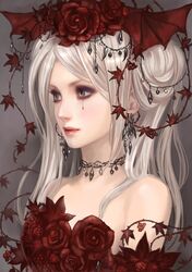  1girl bat_wings blood bloody_tears earrings flower grey_eyes hair_bun hair_flower hair_ornament jewelry kageco long_hair looking_away necklace original red_lips rose solo vines white_hair wings 