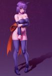  1girl absurdres ayane ayane_(doa) bare_shoulders bow breasts cleavage collarbone dead_or_alive dress full_body headband highres large_bow large_breasts looking_at_viewer navel no_pants obi panties pigeon-toed purple_background purple_dress purple_hair purple_legwear purple_panties red_eyes sash shadow short_hair solo standing thigh-highs underwear xxnikichenxx 