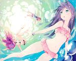  3girls :&gt; :d bikini blue_eyes frilled_bikini frills gayarou highres long_hair looking_at_viewer multiple_girls navel open_mouth original purple_hair sailor_dress short_hair smile swimsuit teeth underwater yellow_eyes 