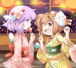  2girls ;d bell blush_stickers candy_apple corndog eating fan flower fox_mask hair_bell hair_flower hair_ornament hieda_no_akyuu japanese_clothes kikurage_(sugi222) kimono lantern mask motoori_kosuzu multiple_girls one_eye_closed open_mouth orange_eyes orange_hair paper_fan purple_hair skewer smile touhou uchiwa v violet_eyes water_balloon yukata 