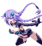  1girl absurdres bangs blue_eyes blush braid breasts choujigen_game_neptune cleavage gloves hair_ornament highres leotard long_hair looking_at_viewer neptune_(choujigen_game_neptune) neptune_(series) planeptune purple_hair purple_heart solo symbol-shaped_pupils thigh-highs twin_braids very_long_hair 