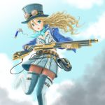  1girl absurdres ameisensou belt blonde_hair blue_eyes blue_skirt boots gears goggles_on_hat gun hat highres jacket kerchief knee_boots lock looking_at_viewer open_mouth original pouch shotgun shotgun_shells skirt solo steampunk steampunk_(liarsoft) top_hat weapon 