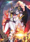  1girl absurdres aowltus209 black_hair breasts cleavage clouds demon_girl demon_wings fang fire highres long_hair looking_at_viewer open_mouth original pointy_ears red_eyes sitting solo sword weapon wings 