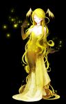  1girl absurdly_long_hair absurdres breasts cleavage closed_eyes dress elbow_gloves full_body gloves head_wings highres jewelry lights long_hair mooooong1008 necklace solo very_long_hair yellow_dress 