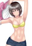  1girl bikini_top brown_eyes brown_hair cutoffs muffin_(sirumeria) short_hair solo sweat sweating sweating_profusely wet 