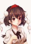  1girl black_wings brown_hair hat hat_ribbon highres homo_1121 open_mouth pom_pom_(clothes) puffy_short_sleeves puffy_sleeves red_eyes ribbon shameimaru_aya shirt short_hair short_sleeves solo tokin_hat touhou upper_body wings 
