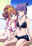  2girls absurdres bikini breasts brown_hair classroom_crisis cleavage highres legs multiple_girls nyantype official_art purple_hair sera_mizuki_(classroom_crisis) shirasaki_iris short_hair swimsuit violet_eyes 