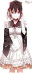  alternate_costume apron holding_dish ise_(kantai_collection) japanese_clothes kantai_collection lace-trimmed_apron maid_apron red_(girllove) scratching_cheek smile 