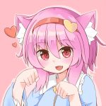  1girl animal_ears cat_ears fang hairband heart kemonomimi_mode komeiji_satori long_sleeves looking_at_viewer maaji_(peinsaikouda) open_mouth outline paw_pose pink_background pink_hair red_eyes short_hair sidelocks solo touhou upper_body 