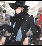  3boys arsene_lupin_iii formal hat ishikawa_goemon_xiii jigen_daisuke lupin_iii multiple_boys necktie scarf smoking snow suit toujou_sakana 