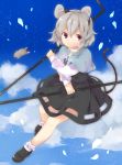  1girl akagashi_hagane animal_ears blue_sky bobby_socks clouds dowsing_rod flying jewelry mouse mouse_ears mouse_tail nazrin pendant petals pink_eyes short_hair silver_hair skirt sky socks solo tail touhou 