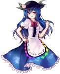  1girl blue_hair food fruit hat hinanawi_tenshi long_hair open_mouth peach pink_eyes puffy_short_sleeves puffy_sleeves shirt short_sleeves skirt smile solo touhou uranaishi_(miraura) very_long_hair 