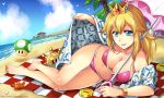  1girl arseniquez beach beach_towel bikini bird blonde_hair blue_eyes bracelet breasts checkered cleavage clouds coin collarbone crab crown earrings jewelry lipstick long_hair looking_at_viewer lying makeup super_mario_bros. mushroom navel on_side palm_tree parasol pink_bikini princess_peach seagull solo super_mario_bros. super_mario_sunshine swimsuit tree umbrella watermark 