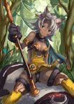  1girl animal_ears aqua_eyes armlet black_panties breasts cat_ears cat_paws cleavage dark_skin feathers flower forest granblue_fantasy grey_hair meruu_(granblue_fantasy) moutama nature panties paws riding short_hair smile solo staff tree underwear 