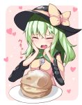  1girl bow closed_eyes cream_puff green_hair hands_on_own_cheeks hands_on_own_face hat hat_bow heart komeiji_koishi long_hair long_sleeves ominaeshi_(takenoko) plate shirt solo touhou upper_body wide_sleeves 