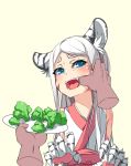  1girl animal_ears blue_eyes broccoli cat_ears cheek_pull claws dream_demon eyebrows fangs jingai_musume kemonomimi_mode monster_girl original plate solo sweat tears white_hair 