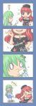  ! &gt;_&lt; 2girls 4koma :d closed_eyes clothes_writing collar comic crying green_hair hat hecatia_lapislazuli highres kochiya_sanae laughing multiple_girls open_mouth red_eyes redhead silent_comic skirt smile sparkle t-shirt touhou white_chalk_lines 