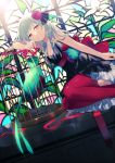 achiki bare_shoulders bird birdcage cage character_request grey_hair red_eyes skirt stained_glass thigh-highs 