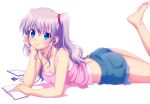  1girl absurdres blue_eyes breasts casual charlotte_(anime) cleavage feet highres legs lying na-ga nyantype official_art on_stomach smile solo strap_slip tomori_nao 