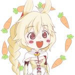  1girl ahoge animal_ears blonde_hair blush blush_stickers breasts carrot cleavage gyate_gyate hair_ornament long_hair nashetania_loei_piena_augustra open_mouth rabbit_ears red_eyes rokka_no_yuusha signature simple_background solo white_background 