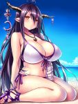  1girl antenna_hair bikini_top black_hair breasts cleavage danua granblue_fantasy highres horn_ornament horns jewelry knees_together_feet_apart large_breasts long_hair necklace pointy_ears red_eyes sitting solo thighs tsukumiya_amane wariza 