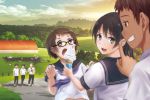  2girls 4boys black_hair brown_eyes brown_hair glasses long_hair multiple_boys multiple_girls original school_uniform serafuku short_hair summer taka_(tsmix) 