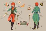  1boy absurdres boots brooch character_name character_sheet coattails copyright_name dearrose facial_mark fukase gloves green_eyes headgear highres jewelry marking_on_cheek microphone redhead smile speaker staff turnaround vocaloid white_gloves 