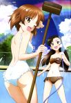  2girls absurdres brown_eyes brown_hair character_request clouds girls_und_panzer highres long_hair megami multiple_girls nishizumi_miho official_art one_eye_closed open_mouth pool short_hair sky swimsuit 
