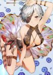  1girl armpits arms_up bare_legs bare_shoulders barefoot between_legs breasts center_opening cleavage eyepatch flower granblue_fantasy grey_hair jewelry kneeling knife mikurou_(nayuta) necklace red_eyes short_hair tania_(granblue_fantasy) 