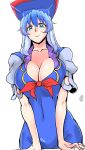  1girl big_hat blue_dress blue_eyes blue_hair breast_squeeze breasts cleavage collarbone danna_(karatekikku) dress gradient_hair hair_over_shoulder hand_on_table hat impossible_clothes impossible_dress kamishirasawa_keine large_breasts lips looking_at_viewer looking_down multicolored_hair navel puffy_short_sleeves puffy_sleeves short_sleeves simple_background solo touhou white_background 
