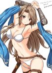  1girl arms_up bikini blush breasts brown_hair cleavage collarbone granblue_fantasy katarina_(granblue_fantasy) long_hair looking_at_viewer sakiyamama sheath simple_background smile solo swimsuit twitter_username white_background white_bikini white_swimsuit 