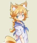  1girl animal_ears blonde_hair blue_eyes fox_ears fox_tail looking_at_viewer looking_to_the_side original sailor_collar simple_background solo t-shirt tail tomcat_(moconeko) upper_body yellow_background 
