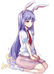  1girl animal_ears long_hair necktie pain puffy_short_sleeves puffy_sleeves purple_hair rabbit_ears red_eyes reisen_udongein_inaba seiza shirt short_sleeves sitting skirt solo touhou trembling uranaishi_(miraura) very_long_hair 