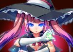  1girl blue_eyes breasts cleavage dream_demon gloves glowing glowing_eyes hat looking_at_viewer purple_hair rabi-ribi solo twintails white_gloves witch witch_hat 