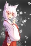 1girl animal_ears blush fox_ears hakama highres hip_vent japanese_clothes long_sleeves looking_at_viewer miko oimo_(imoyoukan) open_mouth original red_eyes ribbon-trimmed_sleeves ribbon_trim shirt short_hair silver_hair skirt smile solo wide_sleeves 