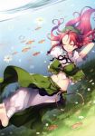  1girl absurdres air_bubble ankle_wraps arms_behind_head baggy_pants barefoot braid breath bubble closed_eyes crossed_legs daisy feet fish floating flower grass hat highres hong_meiling long_hair masaru.jp midriff navel pants redhead rope skirt soles toes touhou underwater vest water 