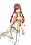  1girl bikini_top breasts brown_eyes cleavage erza_scarlet fairy_tail long_hair looking_at_viewer navel redhead simple_background smile solo white_background 