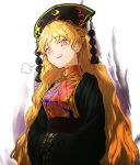  1girl black_dress blonde_hair chinese_clothes dress fox_tail geppewi hands_in_sleeves hat junko_(touhou) long_hair long_sleeves looking_at_viewer multiple_tails open_mouth red_eyes simple_background smile solo tabard tail touhou upper_body white_background wide_sleeves 