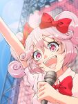  1girl :d arm_up blurry blurry_background bow day hair_bow highres holding holding_microphone kurusu_sadako microphone outdoors pink_eyes pink_hair red_bow sakakiryou shirt short_hair short_sleeves short_twintails smile solo sweat twintails undead_unluck white_shirt 