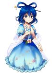  1girl blue_dress blue_eyes blue_hair dress hair_ornament hair_rings hair_stick highres kaku_seiga open_clothes open_vest solo touhou uranaishi_(miraura) vest 