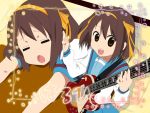  crossover guitar highres hirasawa_yui instrument k-on! parody plectrum school_uniform solo style_parody suzumiya_haruhi suzumiya_haruhi_no_yuuutsu 