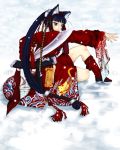  black_eyes black_hair kimono leg_warmers long_hair nekomimi pony_tail snow sword 