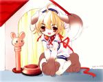  ahoge blonde_hair bow chains collar doggirl fang flat_chest hat inumimi loli noizi_itou red_eyes ribbon seifuku short_hair uniform 