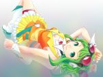  belt boots goggles goggles_on_head green_eyes green_hair gumi hand_over_head highres leg_garter looking_at_viewer lying midriff nail_polish on_back see-through short_hair skirt smile vocaloid wing_collar wrist_cuffs 