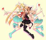  blonde_hair boots bow brown_eyes bunnygirl chisame chisame_hasegawa green_eyes horns long_hair mahou_sensei_negima necktie negima nekomimi pink_hair seifuku short_hair skirt suspender_belt thigh_highs twintails uniform usagimimi 