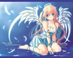  angel ankle_lace-up arm_ribbon blonde_hair blue_eyes breasts cleavage cross-laced_footwear feathers hair_ribbon halo izumi_yura long_hair original ribbon ribbons signed twintails water watermark wings 