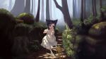  animal_ears black_eyes black_hair blue_eyes cat_ears cat_tail child dress fang flat_chest forest frog loli nature nekomimi open_mouth original paw_pose purple_hair scenery short_hair tail tree violet_eyes 