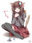  1girl animal_ears blush bow brown_hair cat_ears catgirl clockwork green_eyes long_hair mouse nekomimi pony_tail ribbon scared skirt solo sweatdrop tail thigh_highs thighhighs toy winding_key 