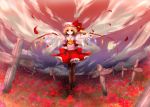  cross flandre_scarlet flower flower_field foreshortening grave graveyard hands hat light_smile minazuki_randoseru open_mouth outstretched_arms outstretched_hand ponytail red_sky ribbon short_hair solo thighhighs touhou wings 